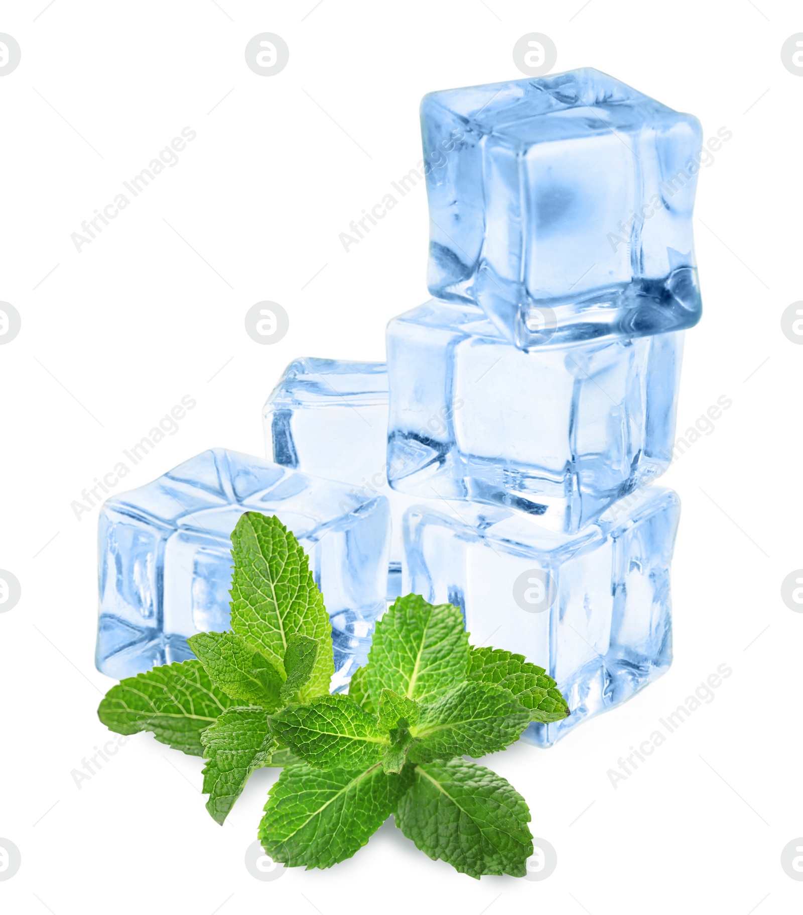 Image of Ice cubes and green mint leaves on white background