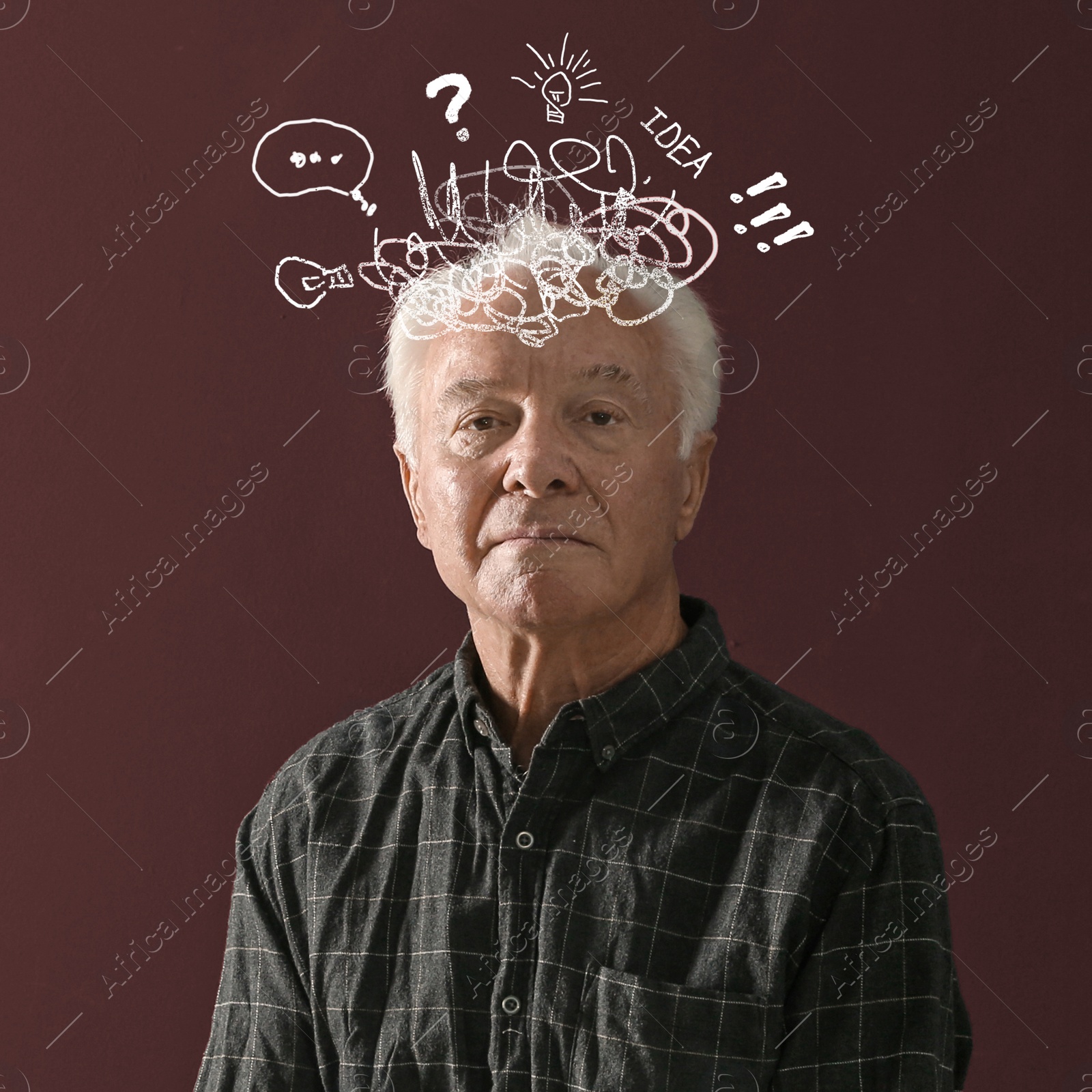Image of Elderly man with dementia on brown background. Illustration of messy thoughts during cognitive impairment