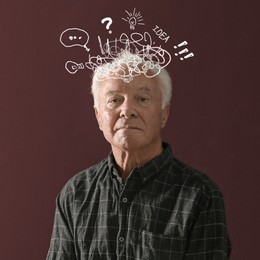 Elderly man with dementia on brown background. Illustration of messy thoughts during cognitive impairment