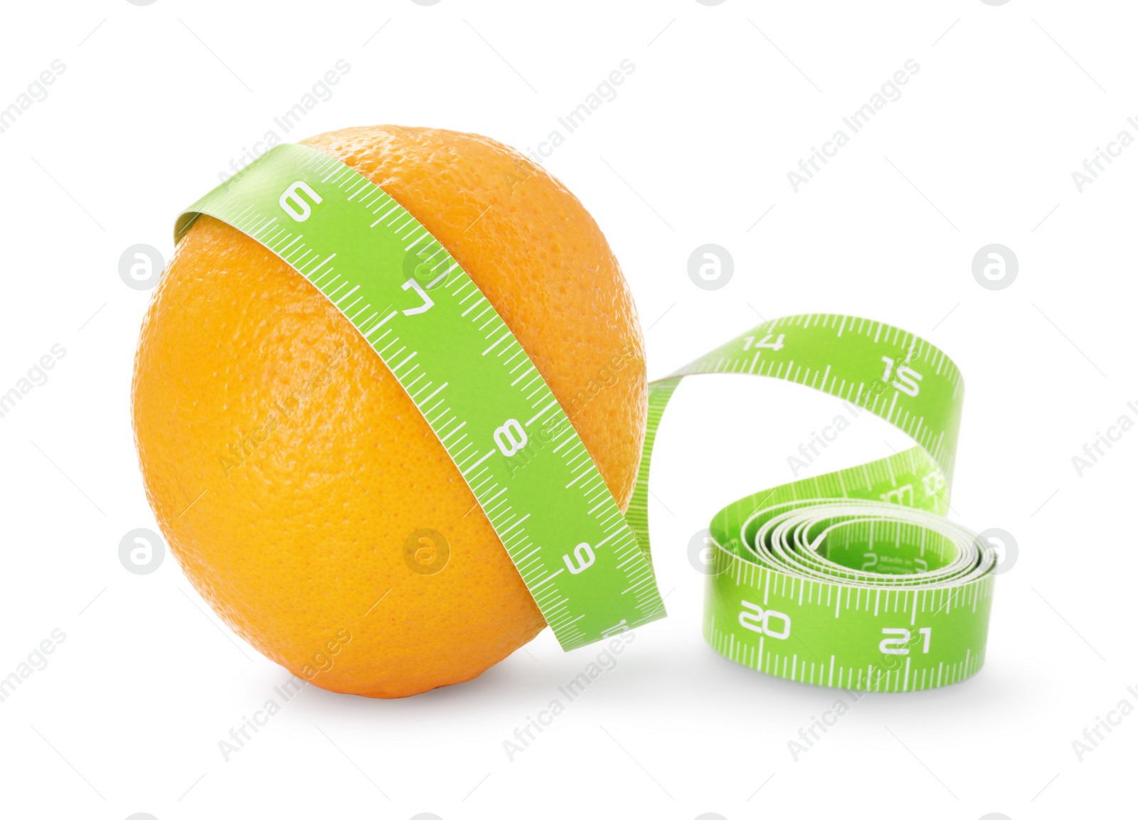 Photo of Cellulite problem. Orange with measuring tape isolated on white