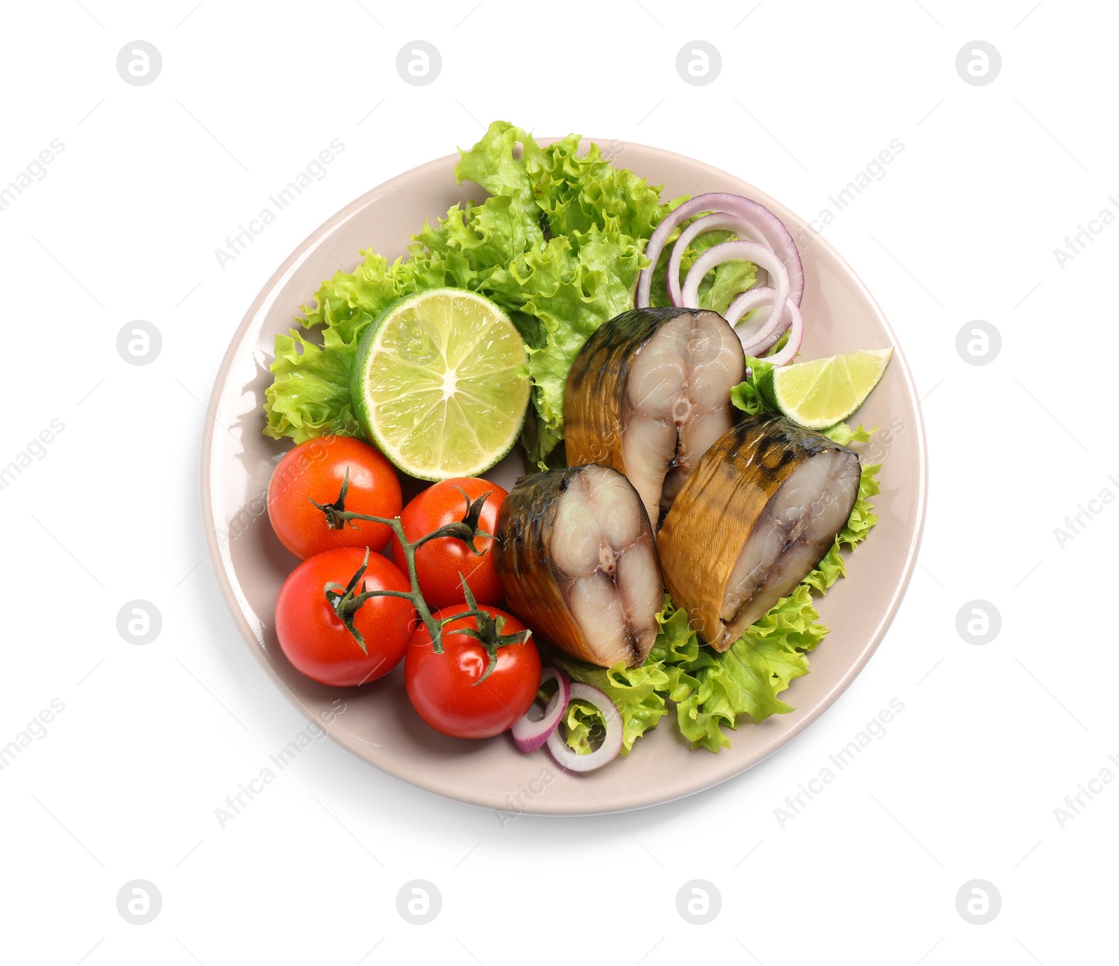 Photo of Plate with tasty smoked fish isolated on white, top view