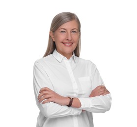 Photo of Portrait of smiling woman with crossed arms on white background. Lawyer, businesswoman, accountant or manager