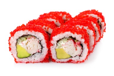 Photo of Delicious fresh sushi rolls with tobiko caviar on white background