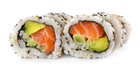 Photo of Delicious fresh sushi rolls in sesame on white background