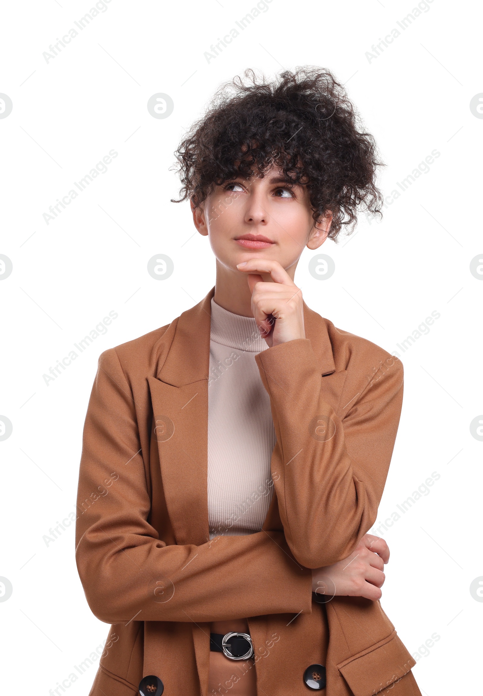 Photo of Beautiful young businesswoman in suit on white background