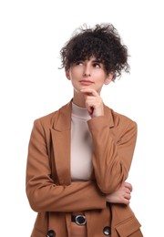 Photo of Beautiful young businesswoman in suit on white background