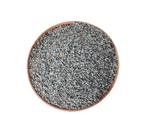 Photo of Poppy seeds in bowl on white background, top view