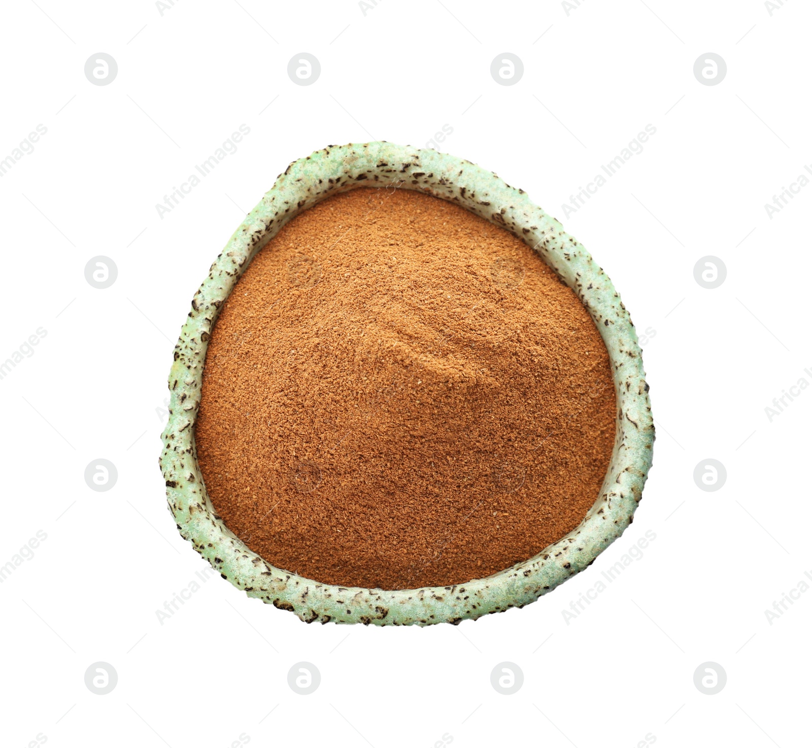 Photo of Bowl with aromatic cinnamon powder on white background