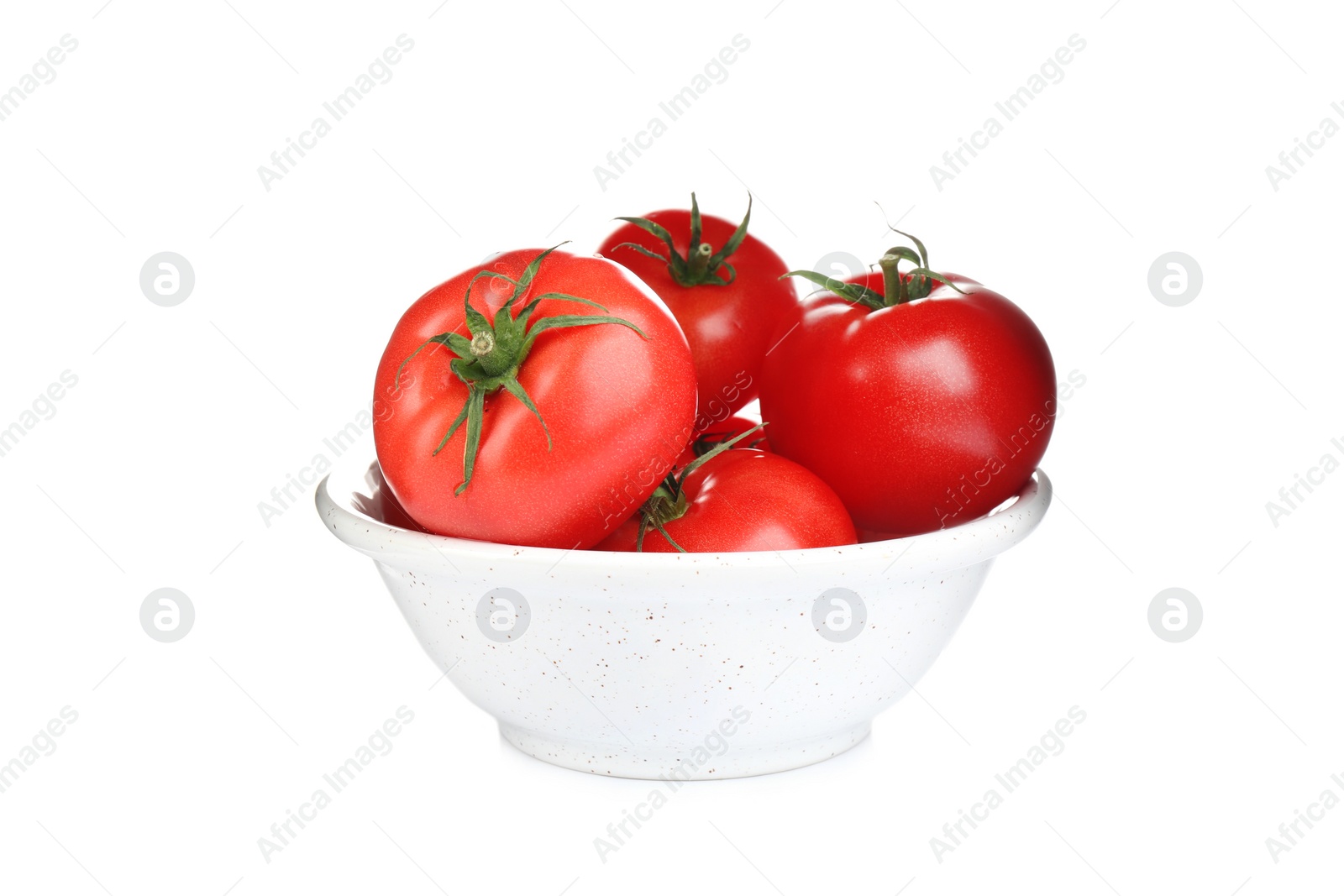 Photo of Bowl of fresh ripe organic tomatoes isolated on white