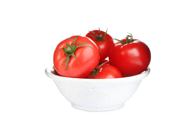 Bowl of fresh ripe organic tomatoes isolated on white