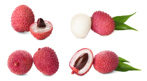 Image of Set of delicious fresh lychees on white background. Banner design 