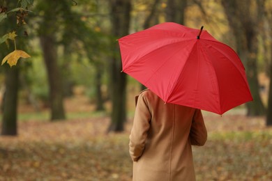 Photo of Woman with red umbrella walking in autumn park, back view. Space for text
