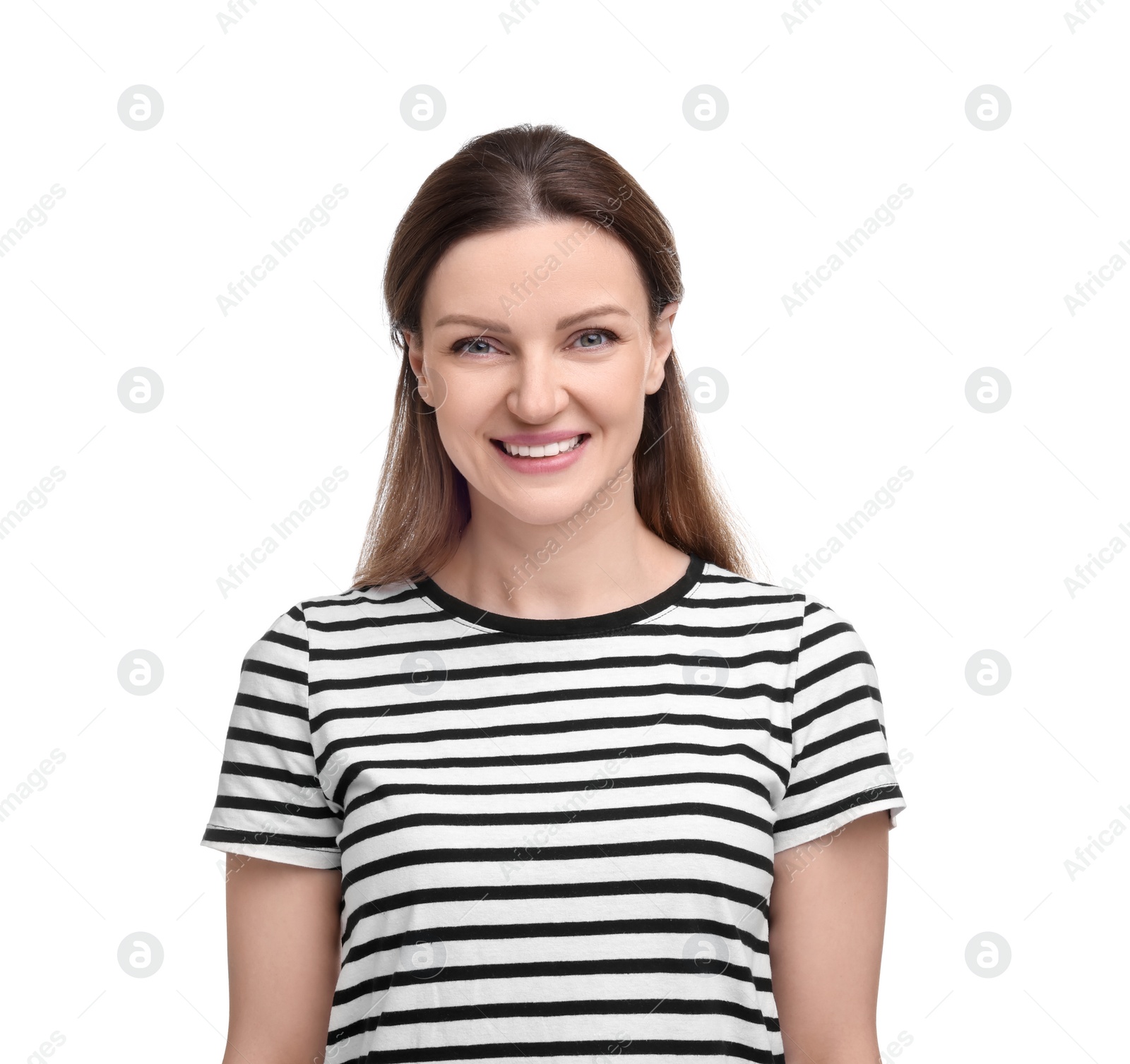 Photo of Portrait of smiling woman on white background