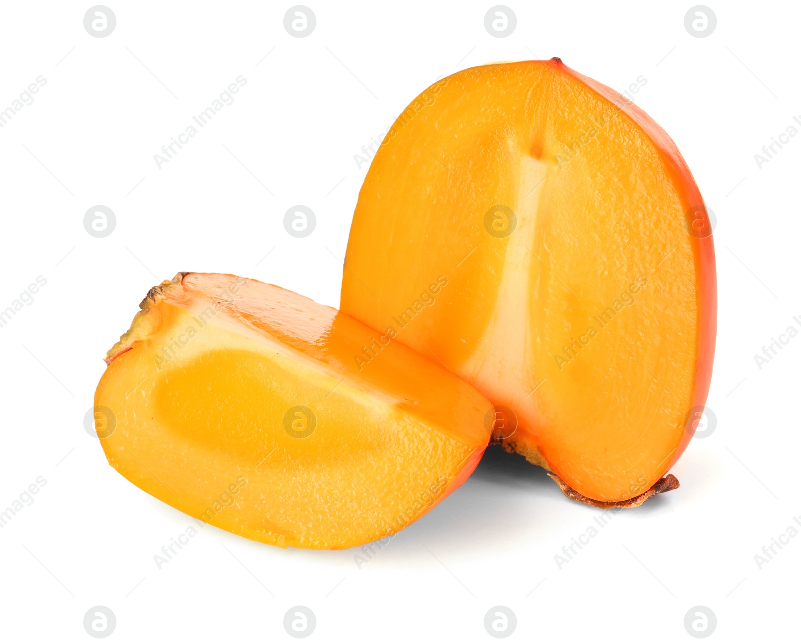 Photo of Pieces of delicious ripe juicy persimmons on white background