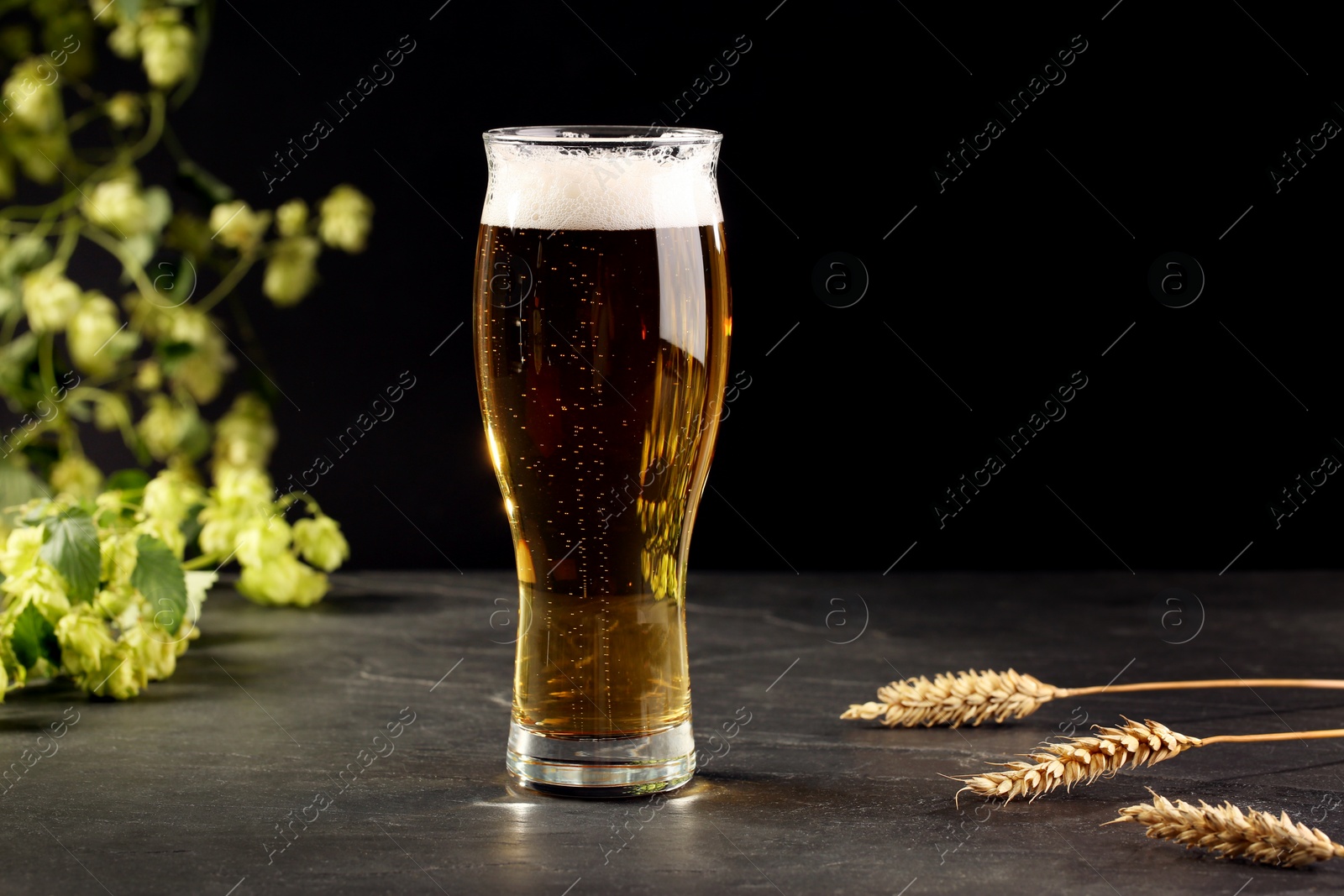 Photo of Glass of beer, spikes and green hops on black table