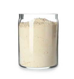 Photo of Jar of sesame flour isolated on white