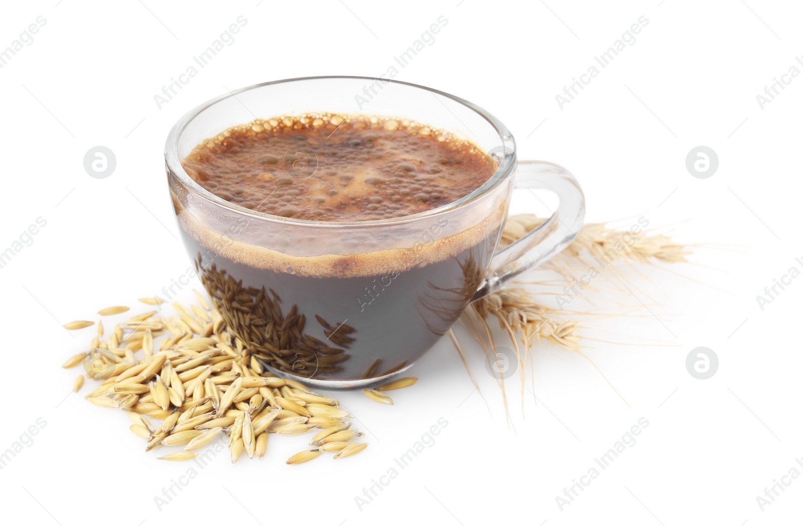 Photo of Cup of barley coffee, grains and spikes isolated on white