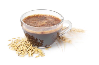 Photo of Cup of barley coffee, grains and spikes isolated on white