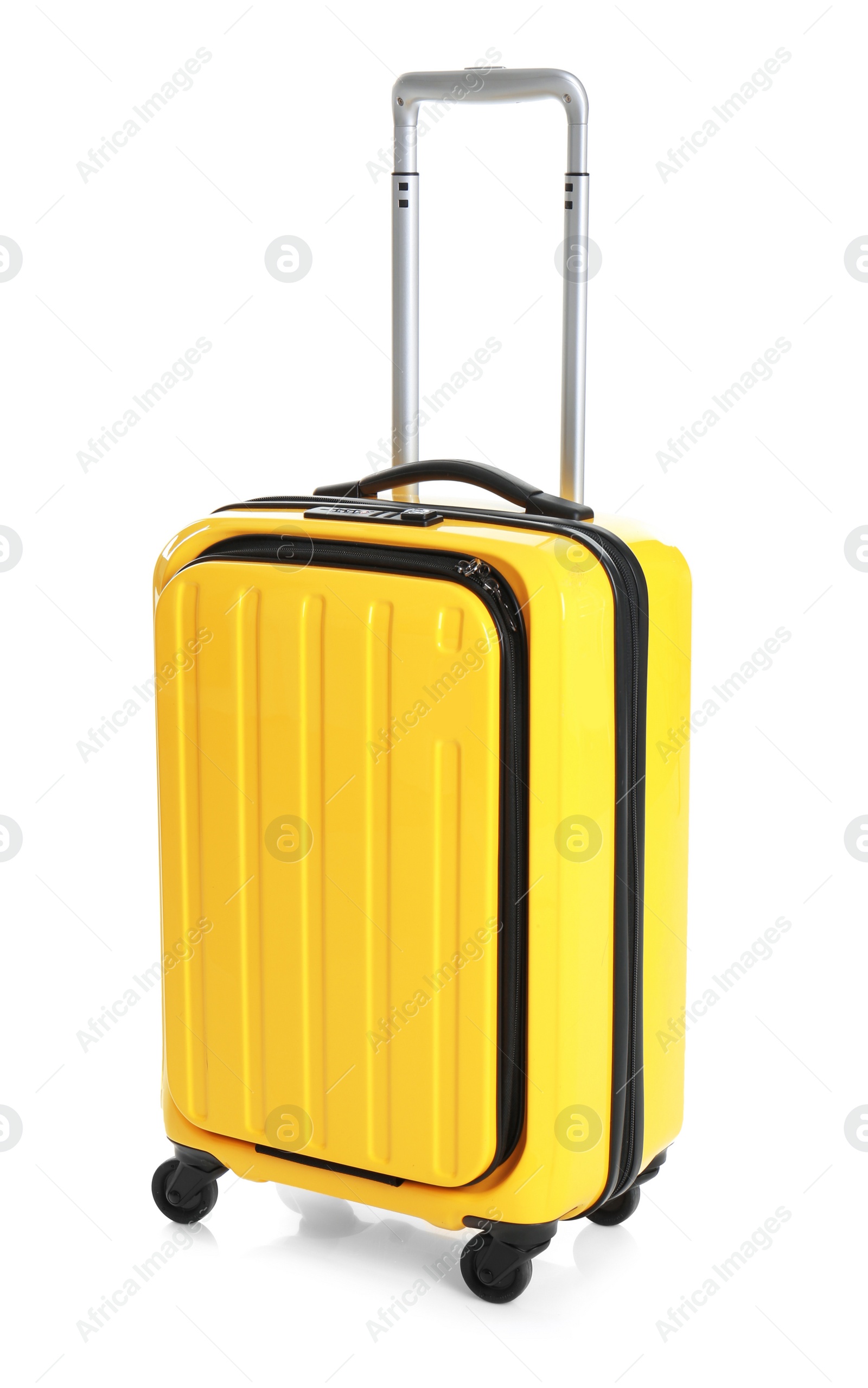 Photo of Packed bright yellow suitcase on white background