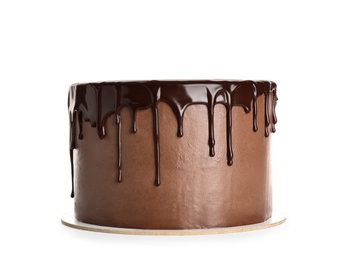 Freshly made delicious chocolate cake on white background