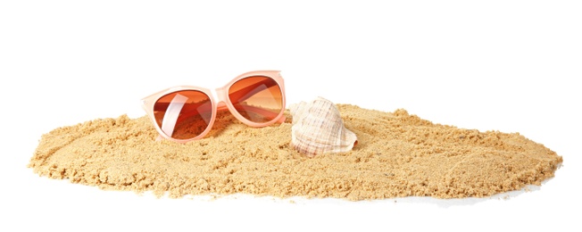 Photo of Composition with beach objects on white background