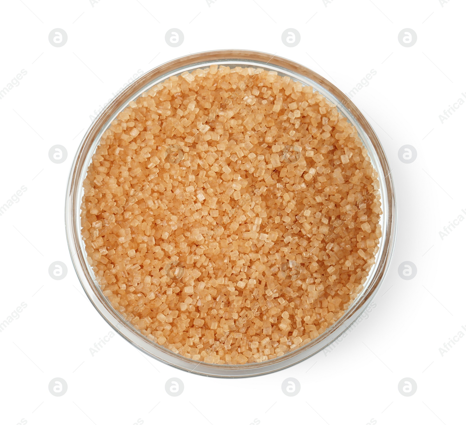 Photo of Brown sugar in glass bowl isolated on white, top view