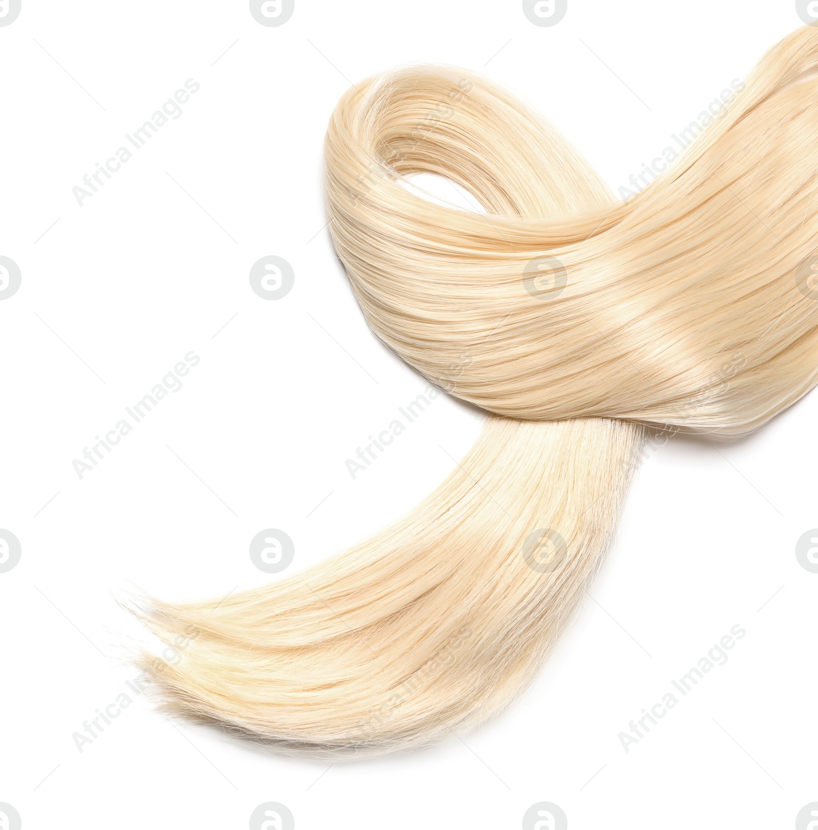 Photo of Lock of beautiful blonde straight hair isolated on white, top view