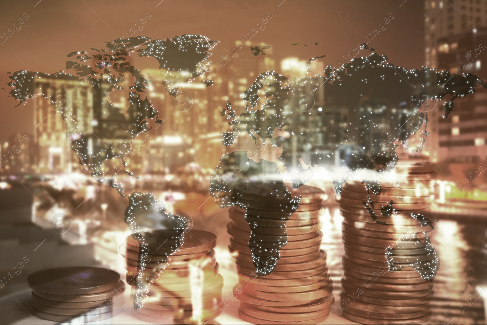 Image of Multiple exposure of coins, world map and cityscape. Online payment concept