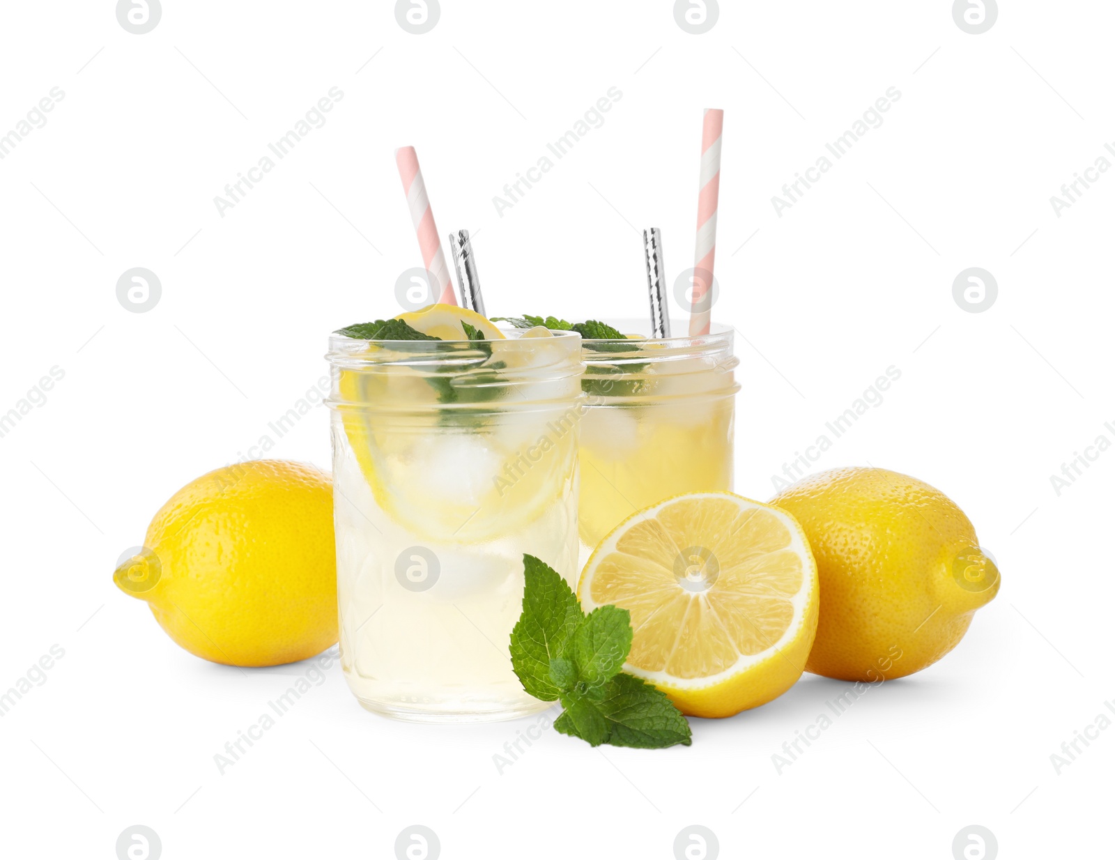 Photo of Natural lemonade with mint and fresh fruits on white background. Summer refreshing drink