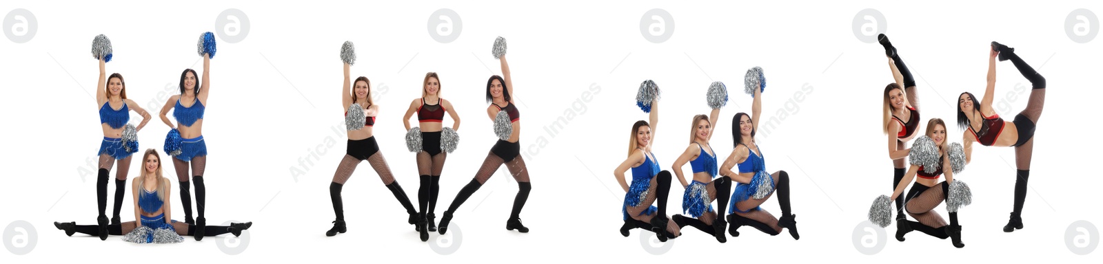 Image of Collage with photos of beautiful happy cheerleaders with pom poms in uniforms on white background
