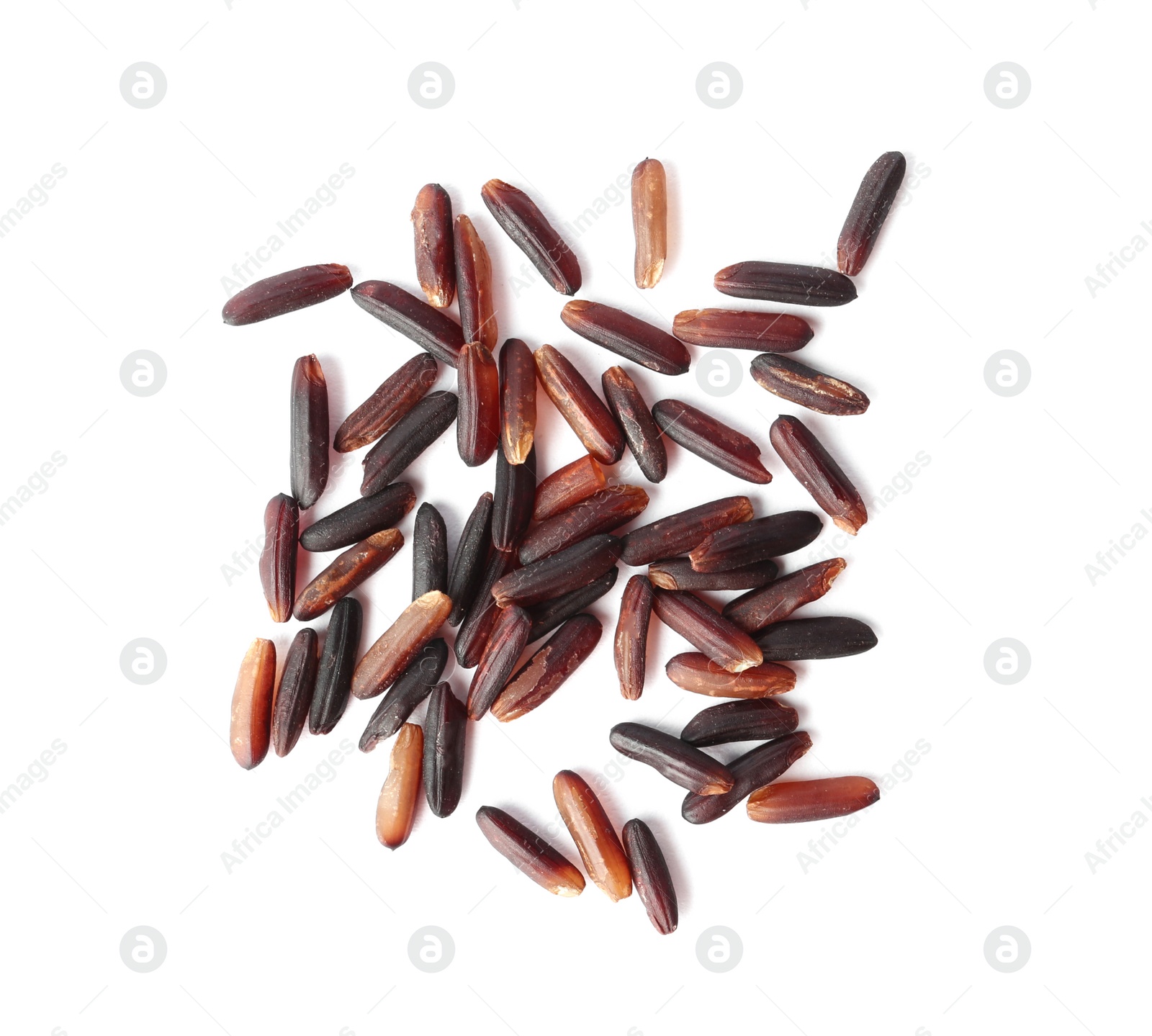 Photo of Uncooked black rice on white background, top view