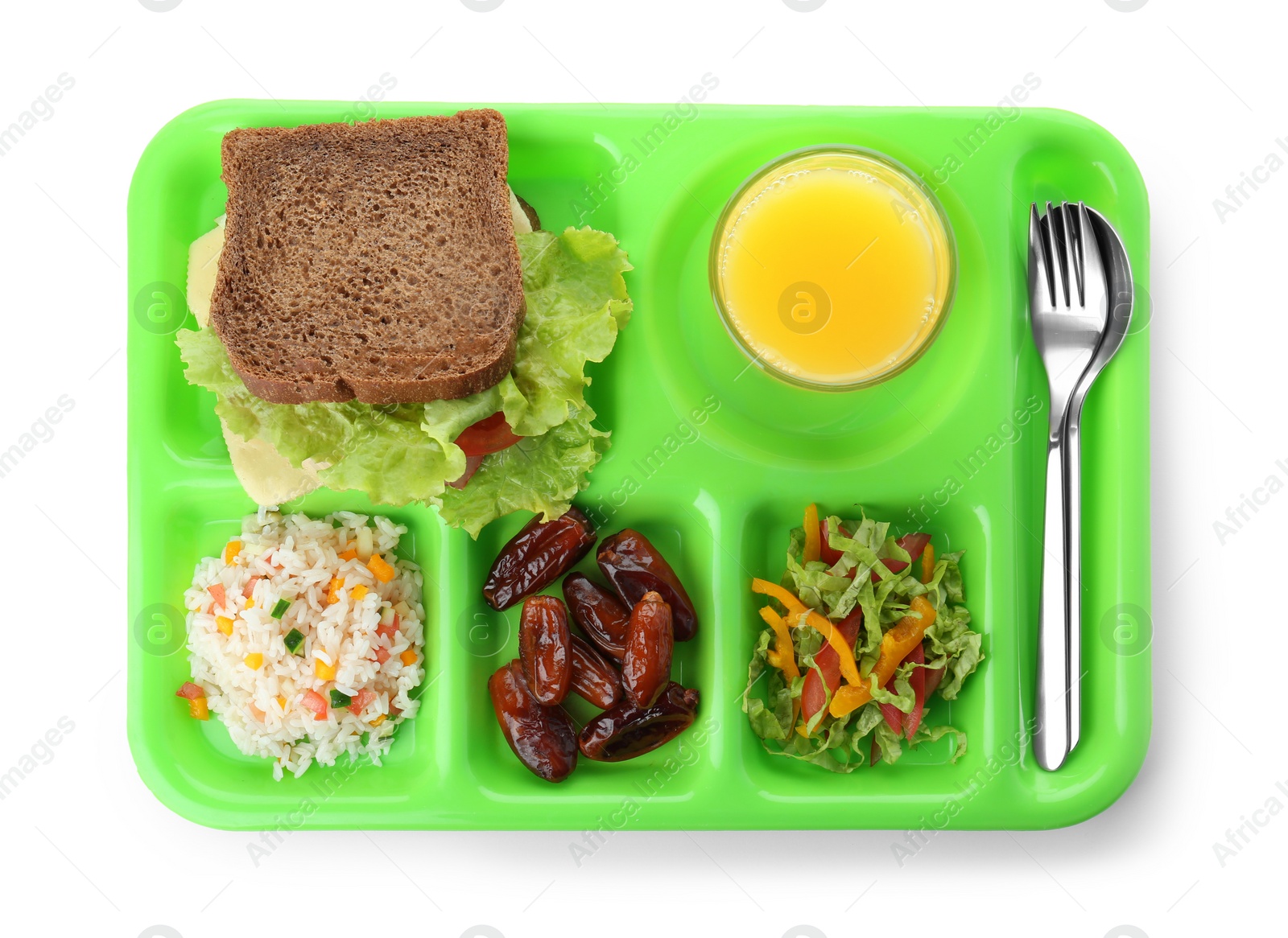 Photo of Serving tray with healthy food on white background, top view. School lunch