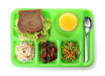 Serving tray with healthy food on white background, top view. School lunch