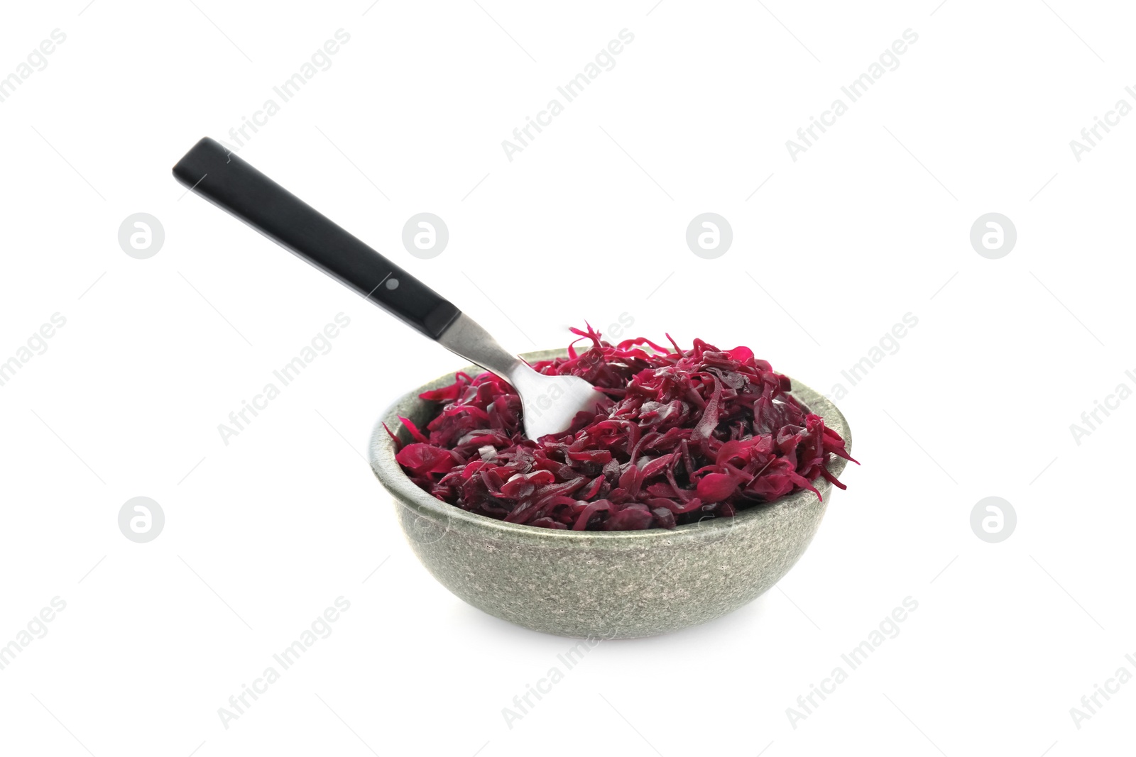 Photo of Bowl with tasty red cabbage sauerkraut isolated on white