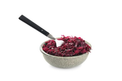 Photo of Bowl with tasty red cabbage sauerkraut isolated on white