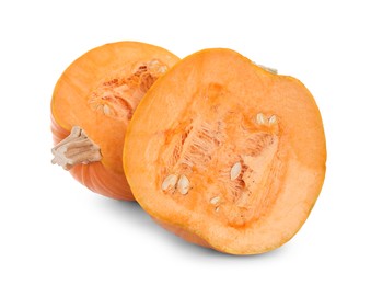 Photo of Halves of fresh ripe pumpkin on white background