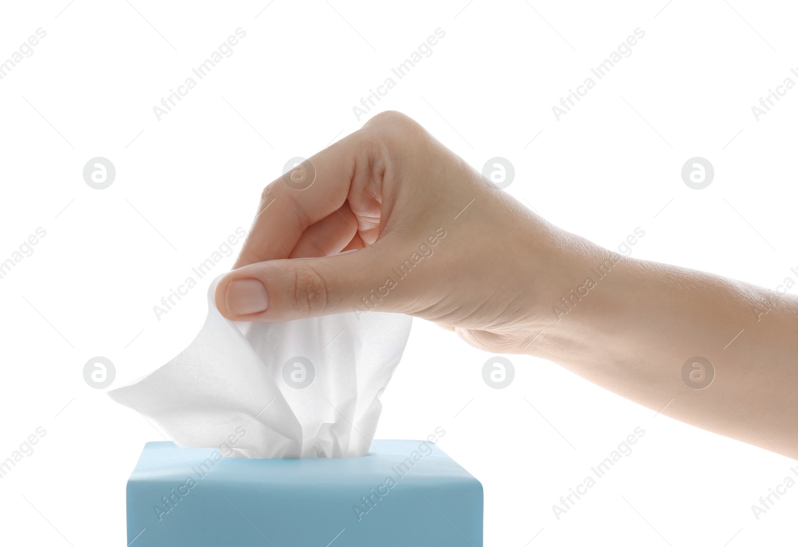 Photo of Woman taking paper tissue from box on white background, closeup