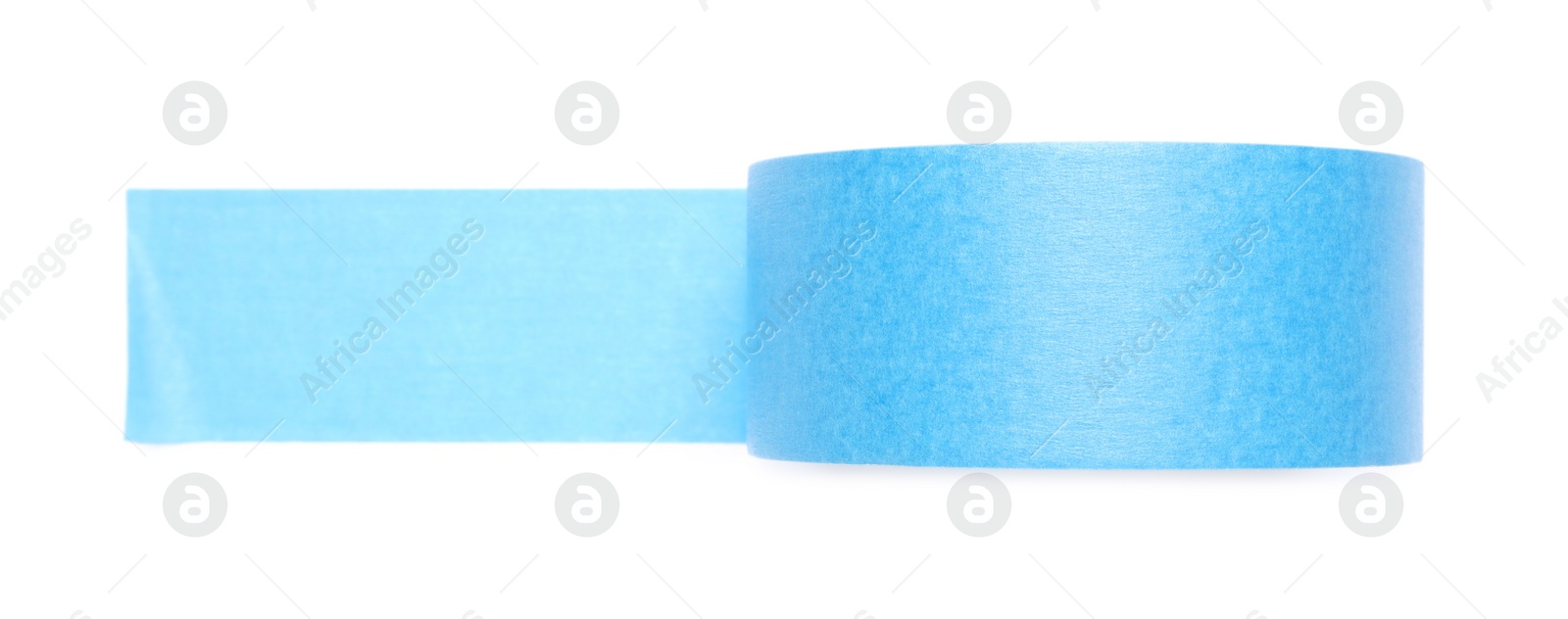 Photo of Roll of light blue adhesive tape on white background, top view