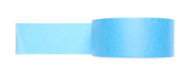 Photo of Roll of light blue adhesive tape on white background, top view