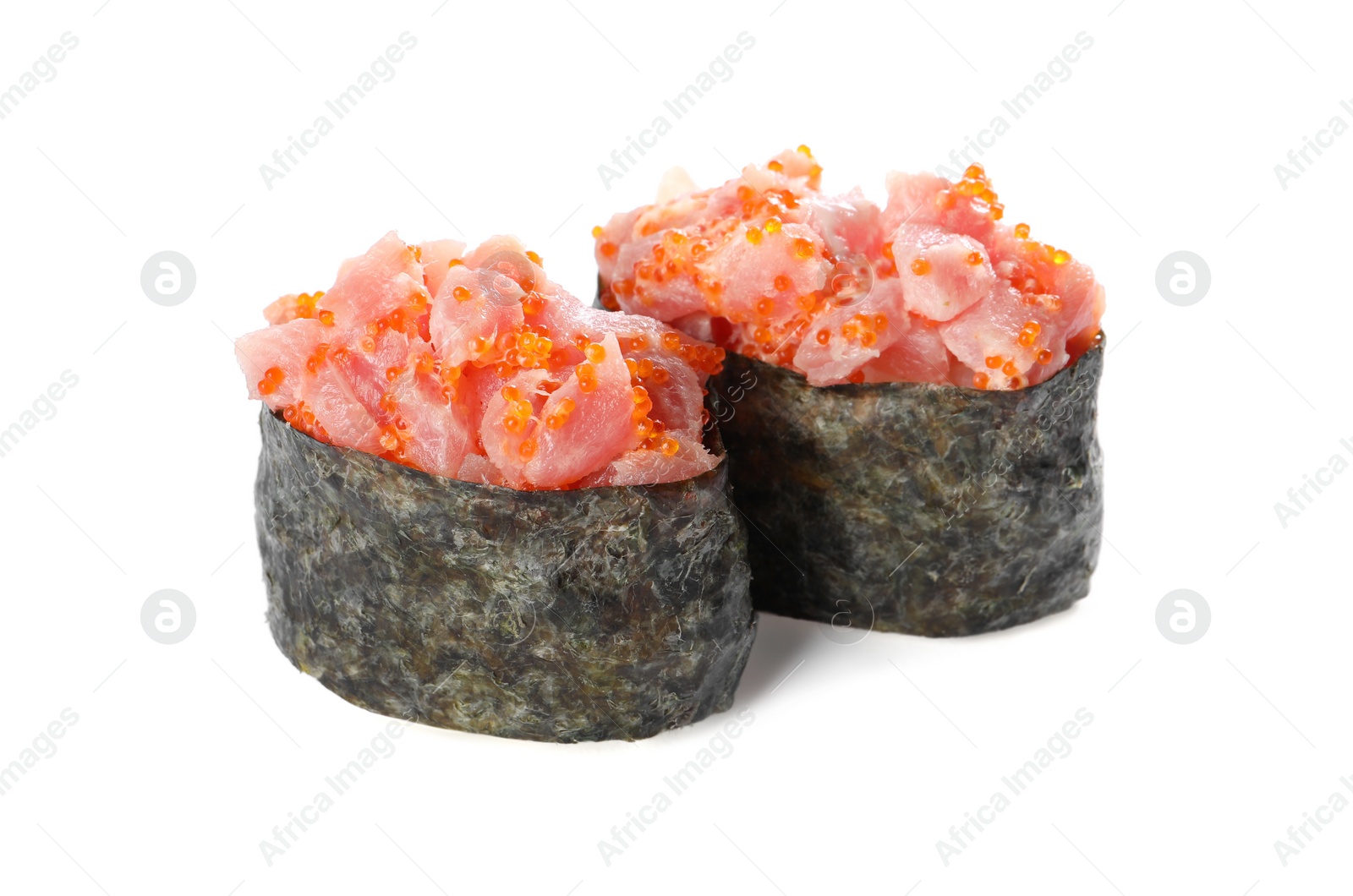 Photo of Delicious sushi with tuna and red caviar isolated on white