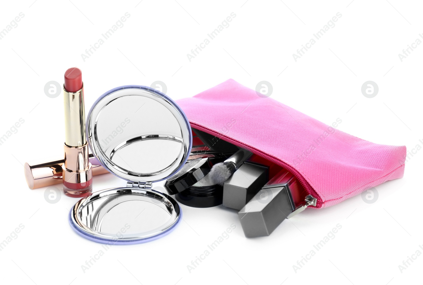 Photo of Stylish pocket mirror and cosmetic bag with makeup products on white background