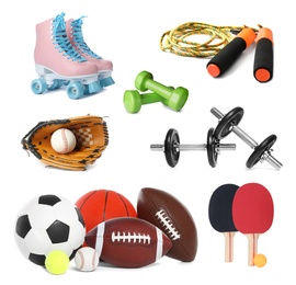 Image of Set of different sport equipment on white background