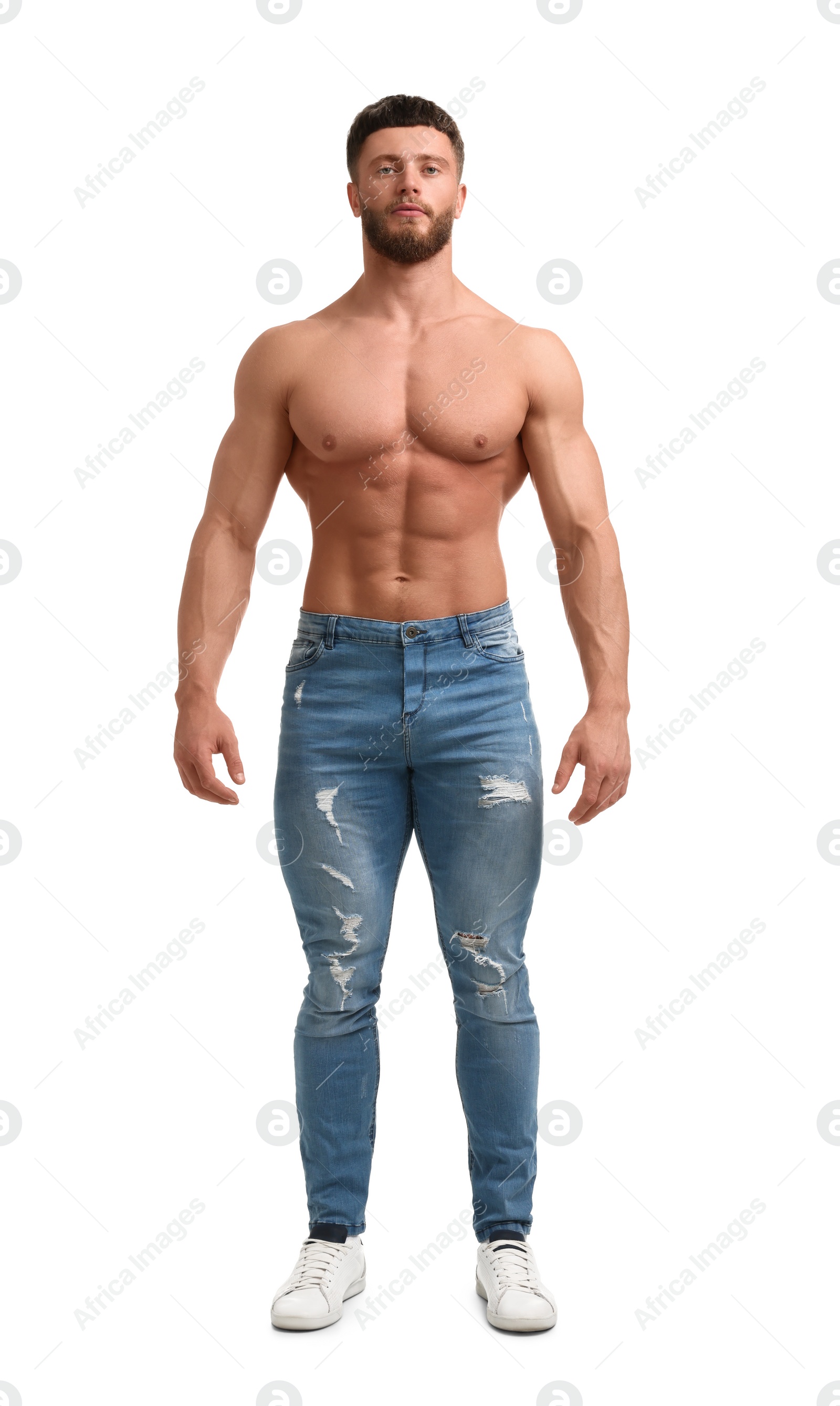 Photo of Handsome muscular man isolated on white. Sexy body