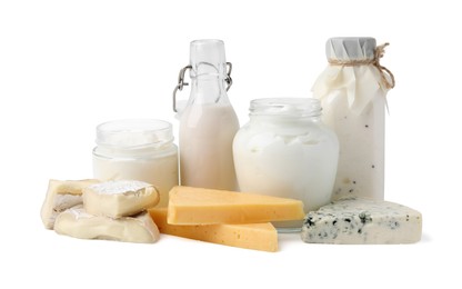 Photo of Different fresh dairy products isolated on white