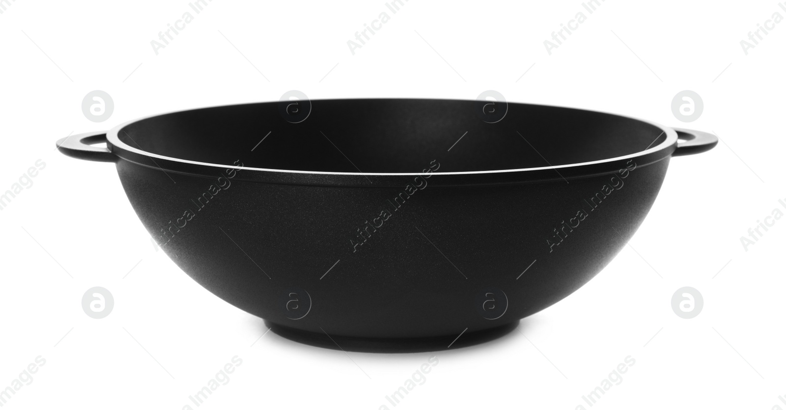 Photo of Empty iron wok isolated on white. Chinese cookware