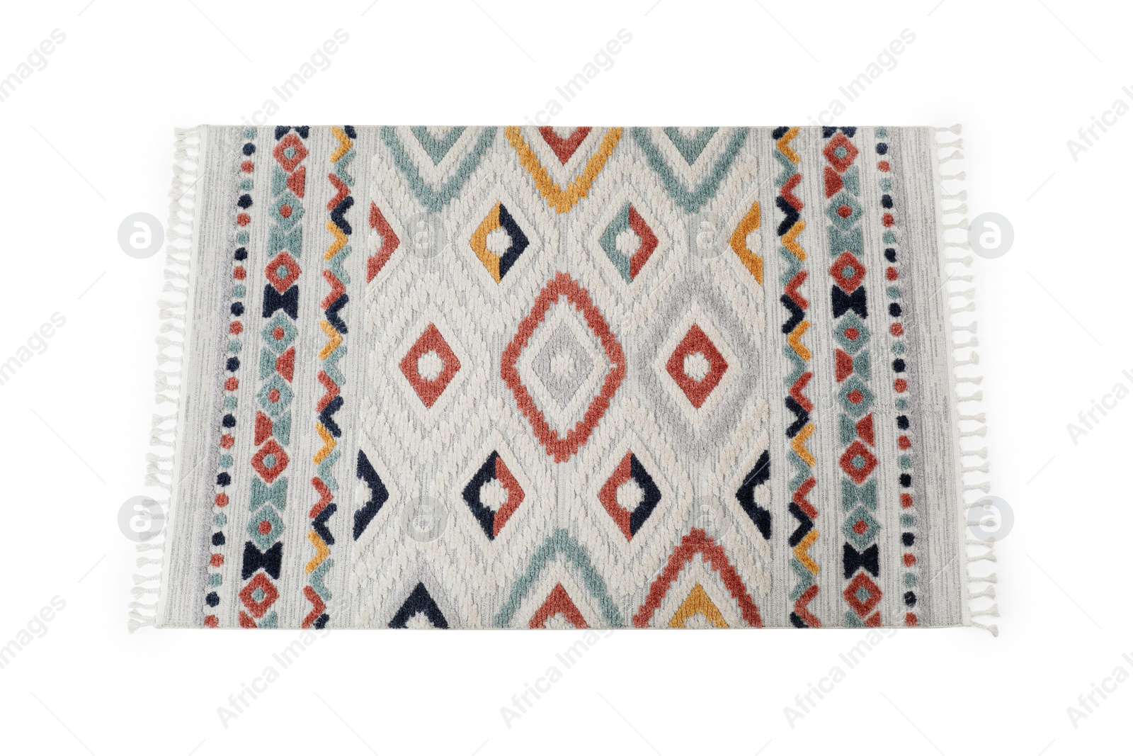 Photo of Soft carpet with beautiful geometric pattern isolated on white, top view
