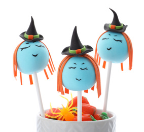 Delicious witch cake pops on white background. Halloween season