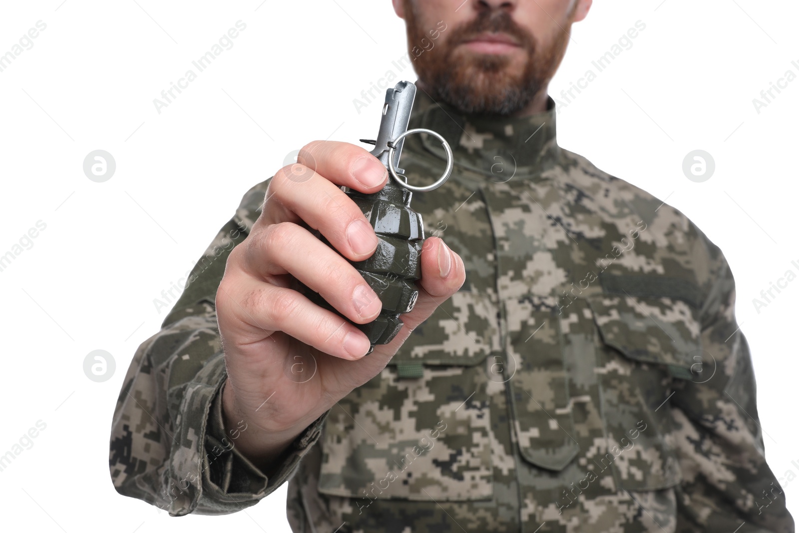 Photo of Soldier holding hand grenade on white background, closeup. Military service