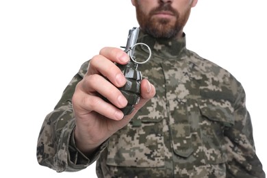 Photo of Soldier holding hand grenade on white background, closeup. Military service