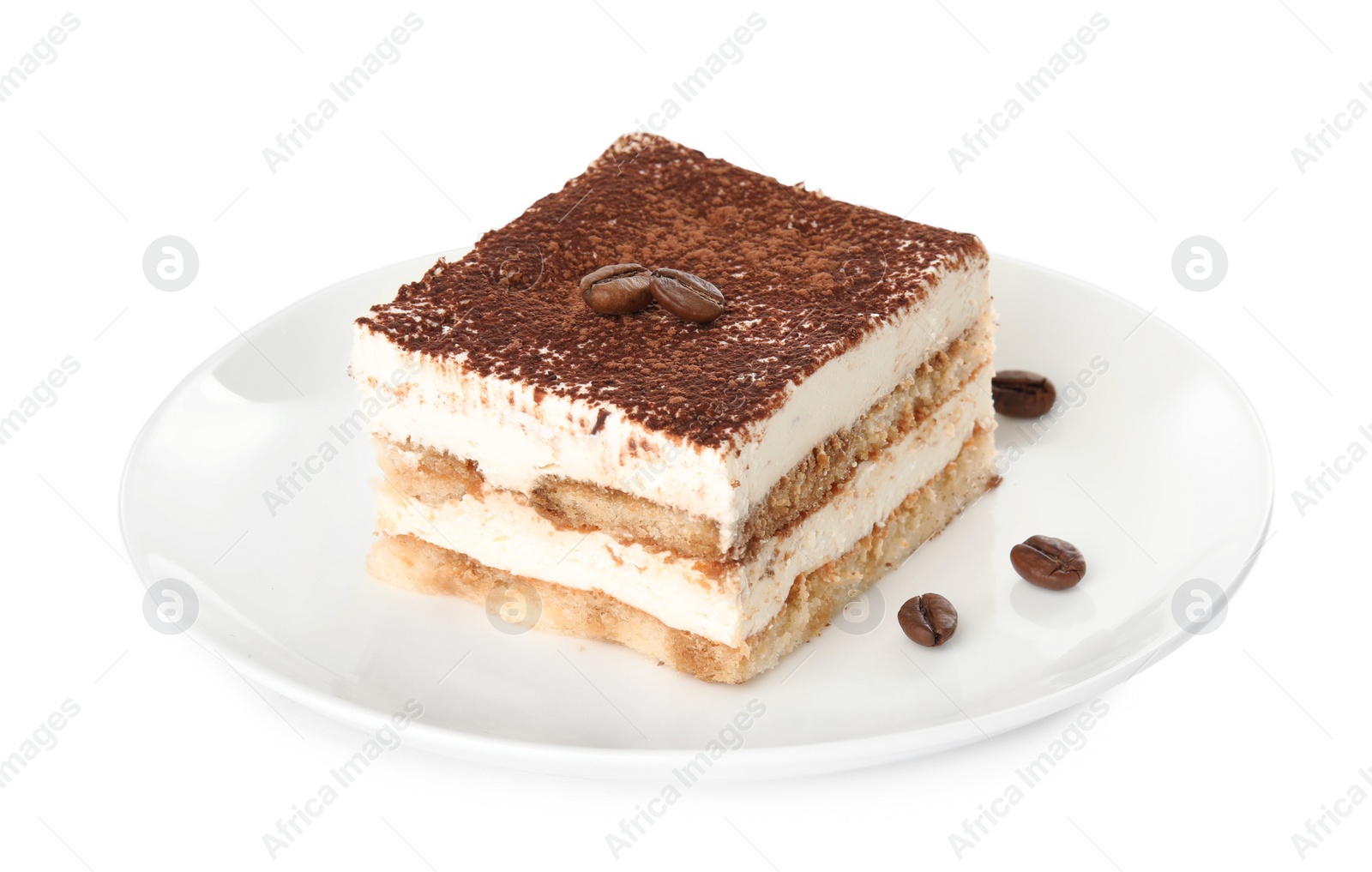 Photo of Plate of tiramisu cake isolated on white